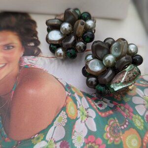 Vintage Cluster Beaded CLIP-ON Earrigns Glass Art Antique Beads Silvery Grey mix